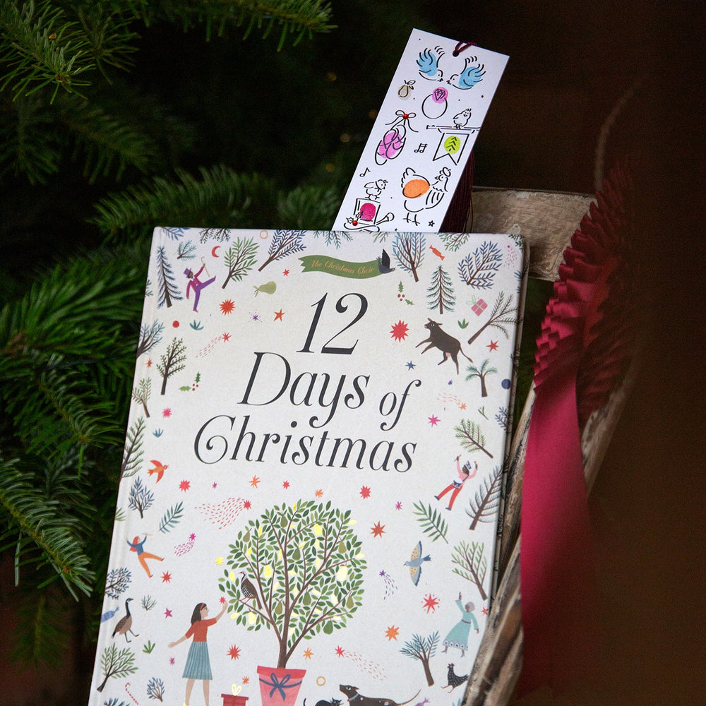 Book titled '12 Days of Christmas' with a decorative ribbon on a wooden surface with a green leafy background.